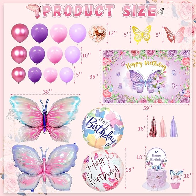 138PCS Butterfly Birthday Decorations for Girls, Butterfly Party Supplies Include Balloon Arch Butterfly Backdrop Foil Balloon 3D Butterfly Wall Decors Tablecloth Cake Topper Tassle