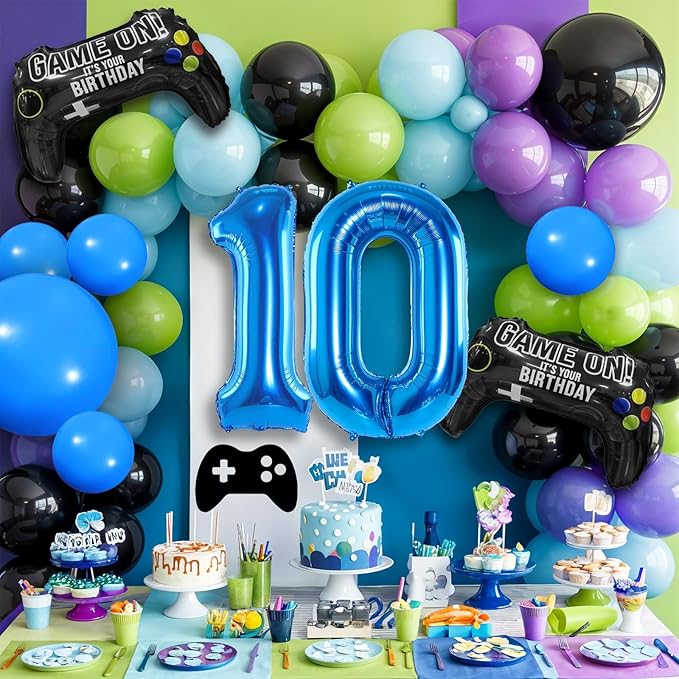 10th Birthday Video Game Balloons Arch, 10th Party Balloons Garland Kit 10th Birthday Supplies with Blue Number 10 Balloon Game Foil Balloons for 10 Year Old Teens Boys Decor