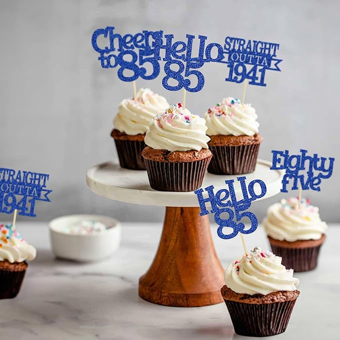 Ephlyn 24Pcs 85th Birthday Cupcake Toppers Glitter Straight Outta 1941 Cupcake Picks Hello 85 Cheers to 85 Years Cake Decorations for 85th Birthday Anniversary Party Decorations Supplies Blue