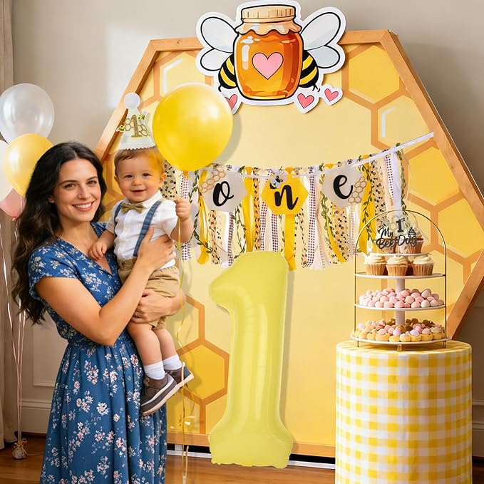 Bee Theme Highchair Banner for Baby First Birthday Party Decorations Happy 1st Bee Day High Chair Tassel Garland for Boys Girls Bumble Bee One Birthday Photo Props Backdrop Decor with Cake Topper