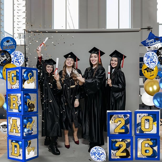 Graduation Decorations Class of 2026 - Blue and Gold Balloons Boxes with Letters 2026 GRAD So Proud of You - Complete Party Supplies for High School & College Celebrations