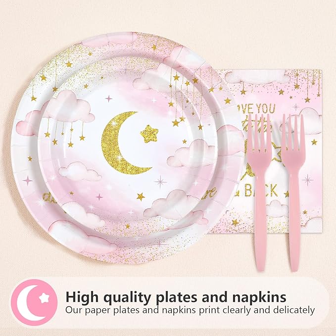 96Pcs Over the Moon Baby Shower Decorations Twinkle Twinkle Little Star 1st Birthday Party Plates Pink Gold Moon Themed Tableware for Girls Baby Shower One Year Old Birthday Supplies