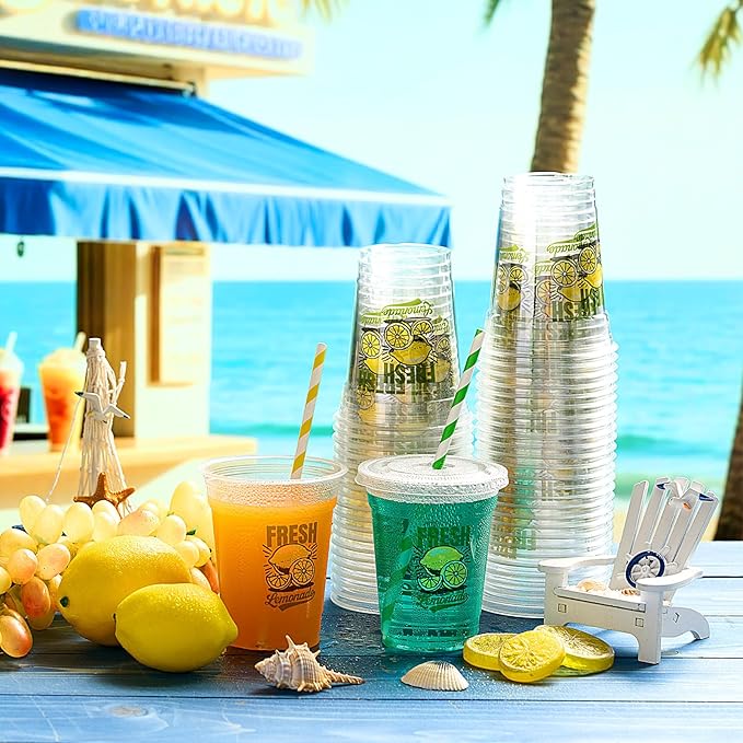 Domensi 50 Sets Lemon Disposable Plastic Cups 12 oz Lemonade Thick Clear Cups with Lids Straws Decoration for Iced Lemonade Juice Water Summer Party Favors Gift