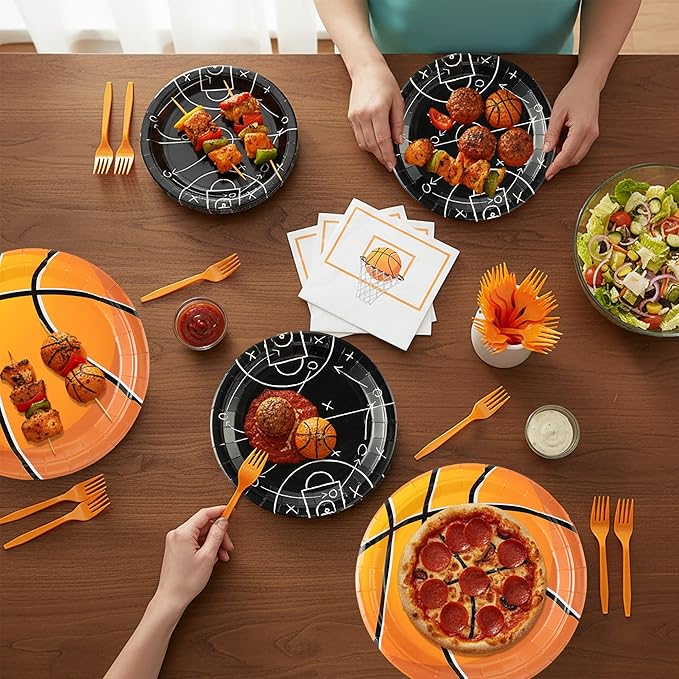 96Pcs Basketball Party Plates Supplies Sports Theme Tableware Decorations Disposable Paper Plates Napkins Forks for Team Celebrations Birthday Party, Serves 24