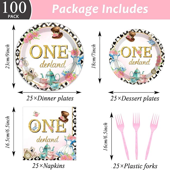 100Pcs Wonderland 1st Birthday Party Supplies - Onederland 1st Birthday Paper Plates, Napkins, Fork Set, Disposable Fairy Tableware Decorations for Girls Baby Shower Dinner Serves 25
