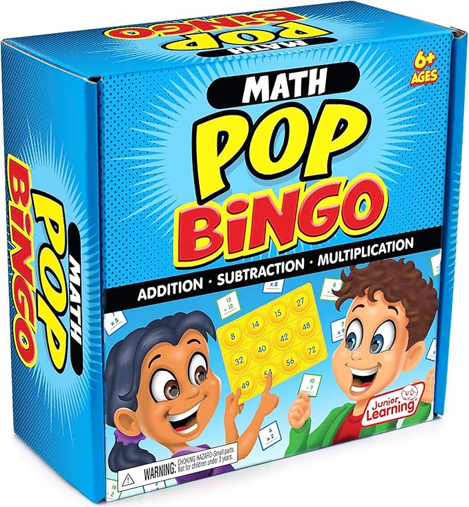 Junior Learning: Math Pop Bingo - Numbers Bubble Grid & Tile Game, Addition-Subtraction-Multiplication, Giant Problem-Solving Silicone Boards, Kids 6+