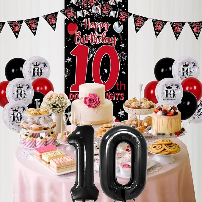 10th Birthday Decorations for Boys Girls, Double Digits Boy Red Black Happy 10th Birthday Decorations, 10 Year Old Birthday Door Banner Sign, Triangle Flag, Large 10 Balloons Decor Tenth Bday Party