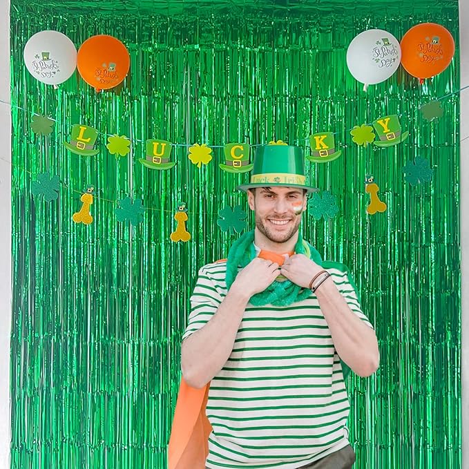 Melsan Green Fringe Backdrop Tinsel Foil Curtains for Dinosaur Jungle Birthday Party Decorations, 3.2ft x 8ft Streamer Photo Backdrop for Christmas, Football Event, Pack of 2