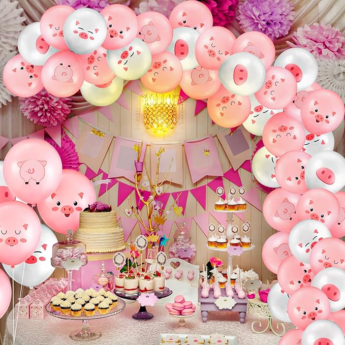 50 Pcs Pig Farm Animal Balloons 12 Inch Pig Print Latex Piggy Pink Birthday Party Decorations Cute Kids Balloons for Farmhouse Pink Farm Themed Birthday Baby Shower Party Supplies