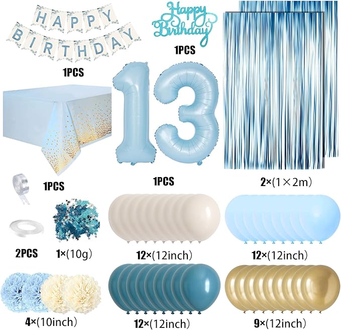 13th Birthday Decorations for Girls, Blue Official Teenager Decorations Light Blue White Gold Balloons Happy Birthday Banner Tablecloth Fringe Curtain Cake Topper Paper Pom Poms 13 Bday Boys Girls