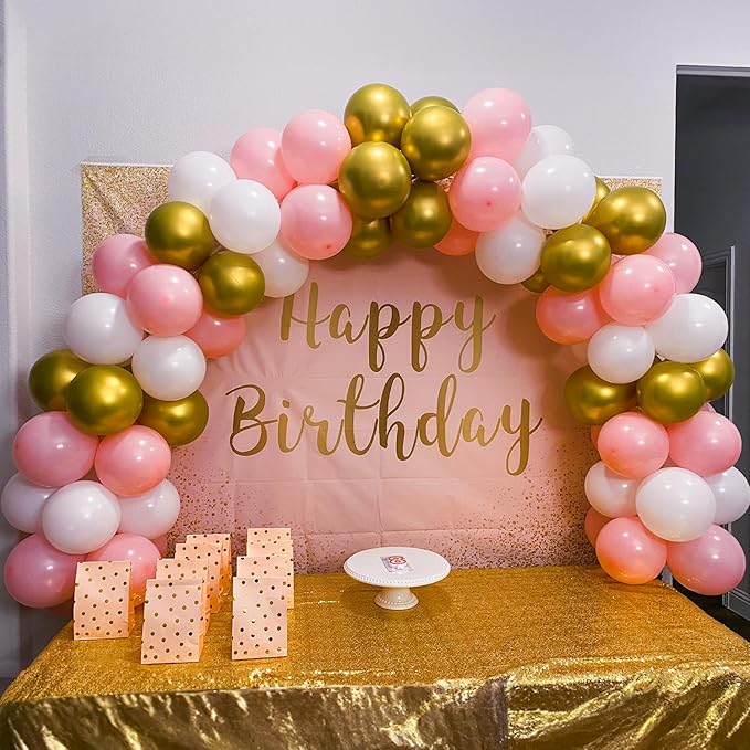 Pink Gold Balloons Set, 12 Inch Pink White Latex Balloons Pink Confetti Helium Balloons Pink and Metallic Gold Party Balloons for Bridal Baby Shower Wedding Girl Women Birthday Decorations