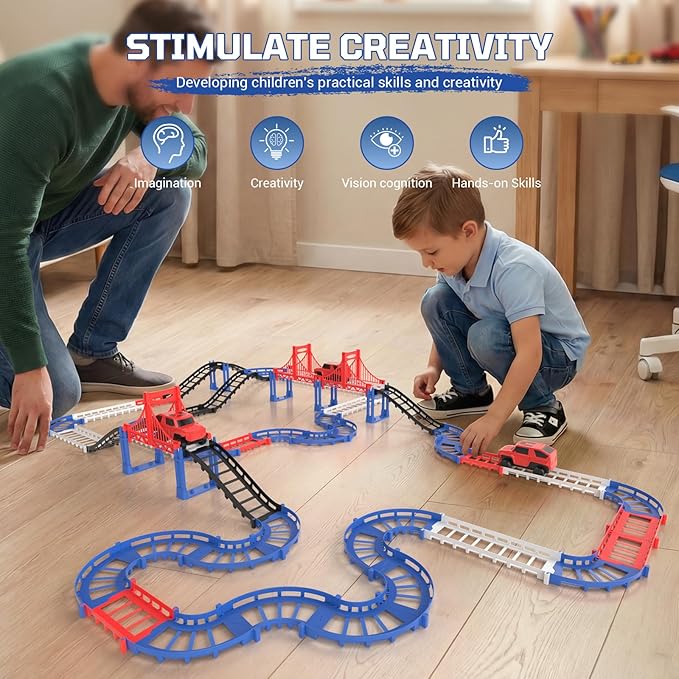 DIY Construction Race Track Set, 24 Pieces with Battery Powered Car,Bridge Building Track ，Assembly Track Builder Playset Gifts Toys for Boys Kids Age 6 7 8