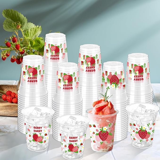 100 Pcs Strawberry Plastic Disposable Party Cups, 12 oz Pink and Red Strawberry Designs for Summer Spring Party, Birthday, Baby Shower Supplies