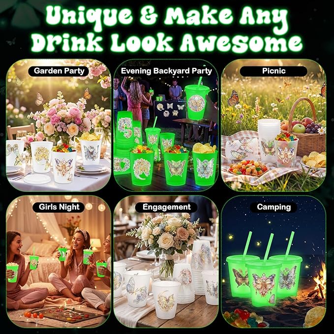 24 Pcs Butterfly Pattern Cups Glow in the Dark Cups 12 oz Plastic Frosted Cup with Lid and Straw Reusable Bulk Green Tumbler for Summer Birthday Party Decoration Baby Shower Party Supplies