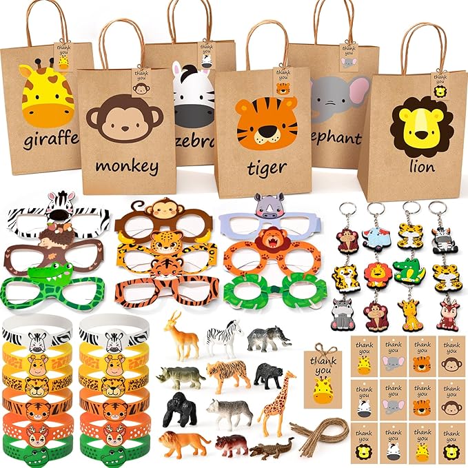 Winrayk 12 Sets Jungle Safari Party Favors Wild Animals Birthday Supplies, Tote Bag Paper Glasses Animal Figure Silicone Wristband Keychain, Goodie Bag Stuffers Kids Girl Boy Safari Jungle Party Decor