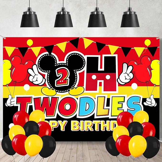 Cartoon 2nd Birthday Party Decorations – 5x3FT Backdrop Banner with 18 Black Red Yellow Balloons, Cute Mouse Theme Photo Props Background for “Oh Two” Party Celebration Supplies