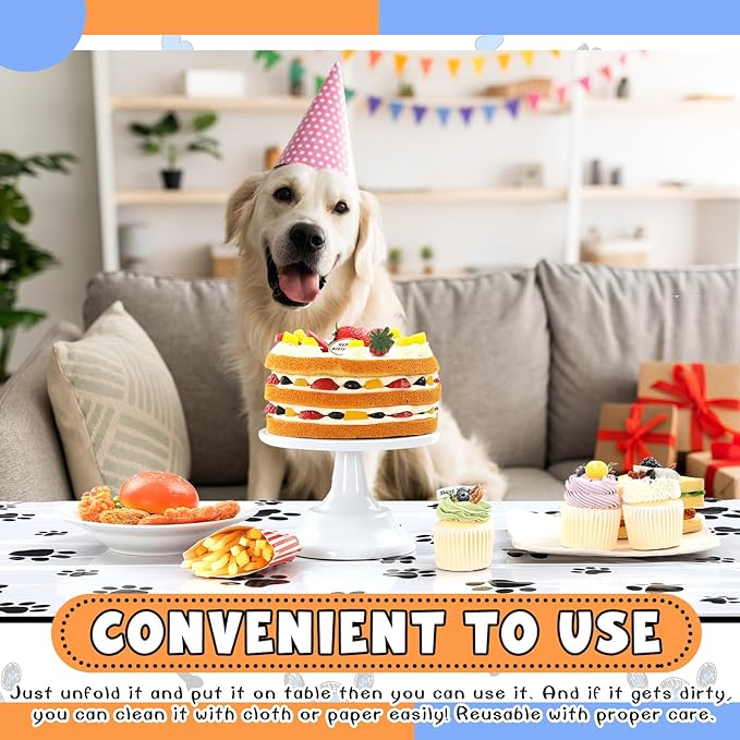 4 Pack Puppy Dog Pet Paw Print Plastic Tablecloth 54 x 108 Inches Blue White Orange Table Cover Paw Print Disposable Rectangle Table Cover for Pet Blue Dog Birthday Party Supplies