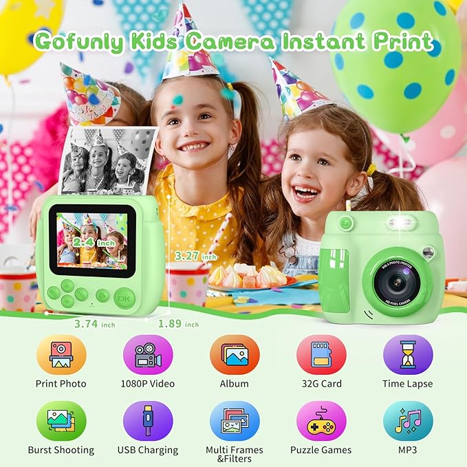 Kids Camera Instant Print, Birthday Gifts for Girls Boys with 3 Rolls Print Paper & 32GB Card, 48MP Toddler Digital Camera 1080P HD Video Toys Cameras for Kids 3-12, Green