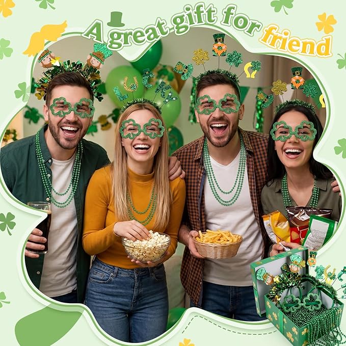 3 Set St Patricks Day Accessories Party Favor Set, Shamrock Glitter Glasses Green Beaded Necklaces Headbands, St Patricks Day Photo Props Irish Costume Accessories for Irish Party Supply