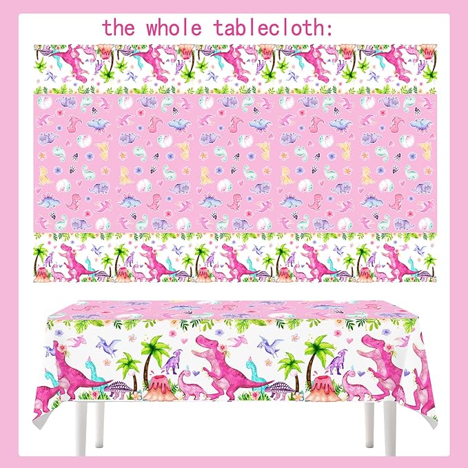 4ps Dinosaur Party Table Cloths Pink Dinosaur Birthday Disposable Plastic Tablecover Tablecloth Watercolor T-Rex Dino Party Supplies Decorations for Girls 1st 2nd 3rd 10th Dino Bday Decor
