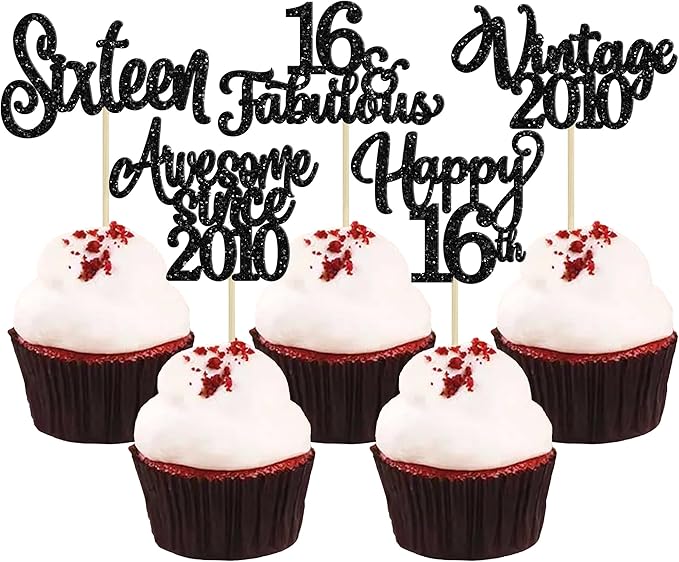 30Pcs Happy 16th Birthday Cupcake Toppers Glitter Sixteen Vintage 2010 Cupcake Picks Cheers to 16 Fabulous Cake Decorations for 16th Birthday Wedding Anniversary Party Supplies Black