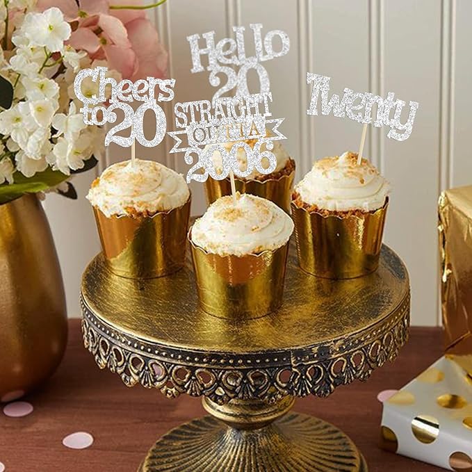 Ephlyn 24Pcs Happy 20th Birthday Cupcake Toppers Glitter Straight Outta 2006 Cupcake Picks Hello 20 Cheers to 20 Years Cake Decorations for 20th Birthday Anniversary Party Decorations Supplies Silver