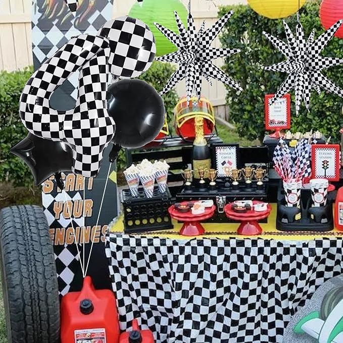 TONIFUL 40 Inch Checkered 4th Birthday Balloons Set Number 4 Race Car Black Black White Checkered Round Explosion Star Balloons Boys Race Car Themed Birthday Party Decoraction