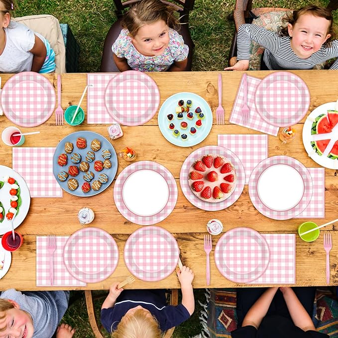 ZOIIWA 96 Pcs Pink Plaid Party Decoration for 24 Guests Pink And White Checkered Plates Party Supplies Plaid Birthday Tableware Outdoor Supplies Girls Barbecue Picnic Plates Napkins Decor