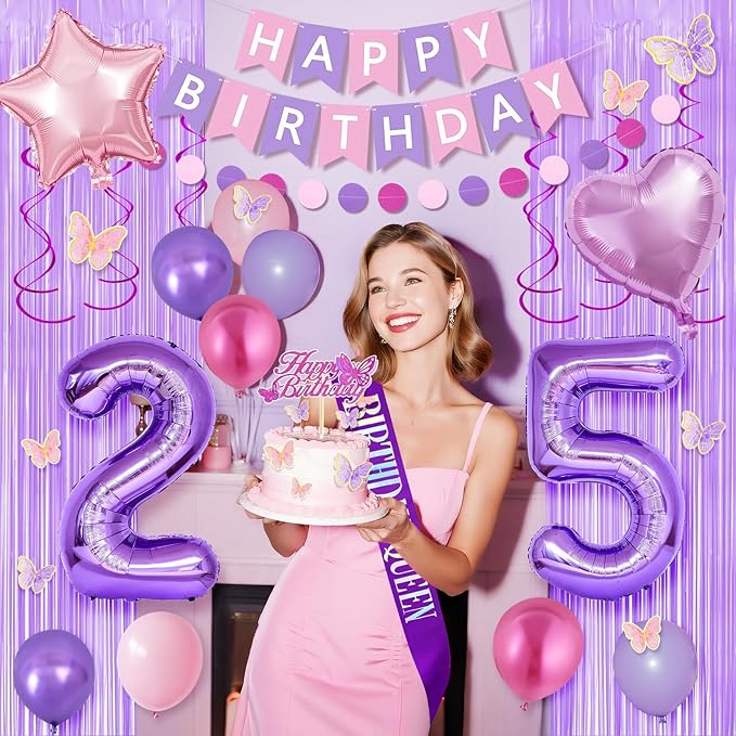 25th Purple Birthday Decorations for Women, Pink and Purple Happy 25 Birthday Party Decorations with Happy Birthday Banner, Number Foil Balloons, Butterfly Cake Topper for 25th Party Supplies
