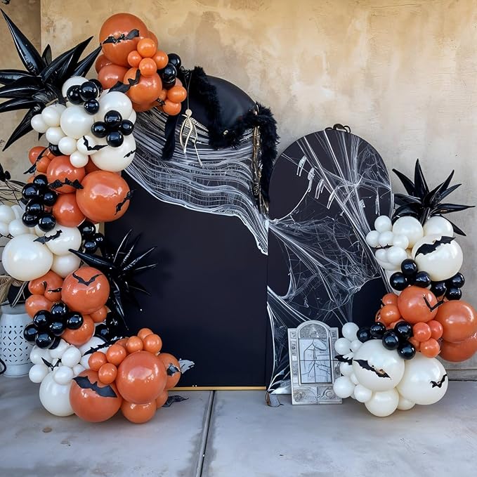 Halloween Balloon Arch Garland Kit, Black Retro Orange White Black Marble Balloons with Spider Star Foil Balloons for Halloween Baby Shower Party Decorations Cosplay Theme Party