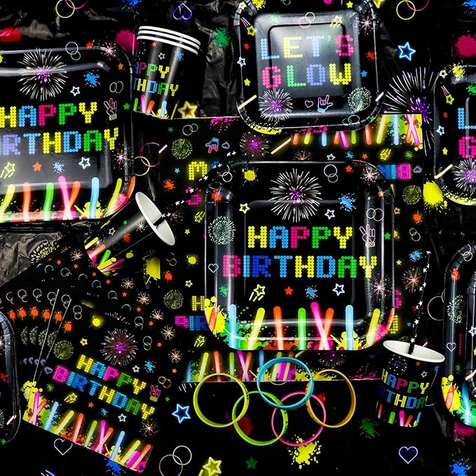 218 Pack Glow Neon Party Supplies Neon Glow Plate Set Neon Balloon Glow in the Dark Happy Birthday Backdrop Glow Birthday Blacklight Party Decoration Neon Glow Banner Set Serves 20