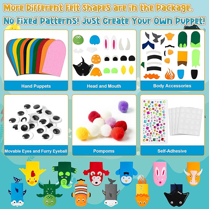 WATINC 12Pcs Hand Puppet Making Kit, Art Craft Felt Sock Puppet Toys, Creative DIY Make Your Own Pompoms Wiggle Googly Eyes Storytelling Role Play Party Supplies Gift for Girls Boys (Animals Ocean A)