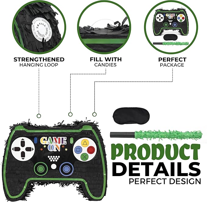 Video Game Controller Pinatas Bundle with a Blindfold and a Bat(16.5 x 12 x 3.5 Inches), Perfect for kid's Birthday Parties, Gaming Theme Parties for Boys, Decorations