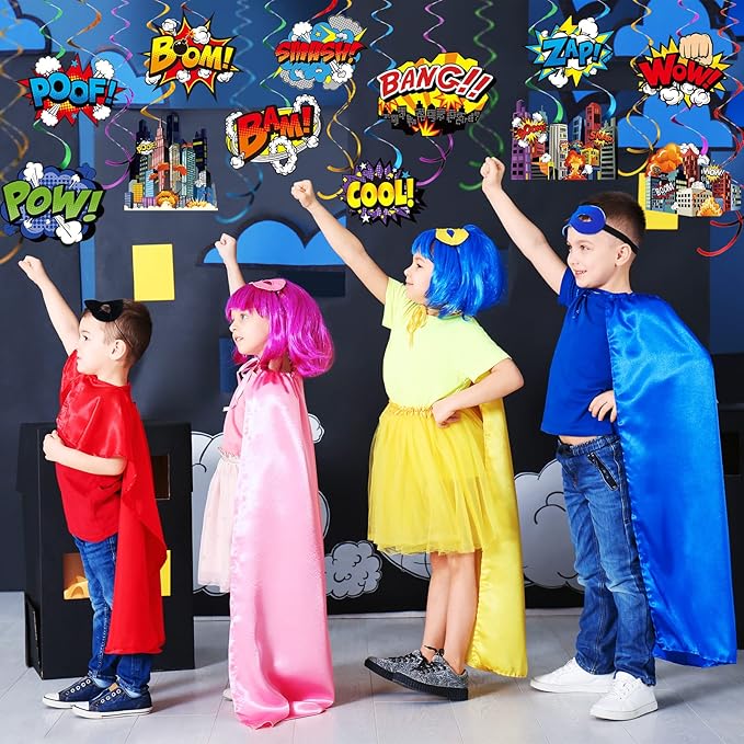 Sumind 54 Pcs Hero Themed Hanging Swirls Hero Action Sign Foil Ceiling Streams Party Banner Decoration for Kids Baby Shower Celebrating Events Birthday Party Supplies Room Wall Decor(Cute)