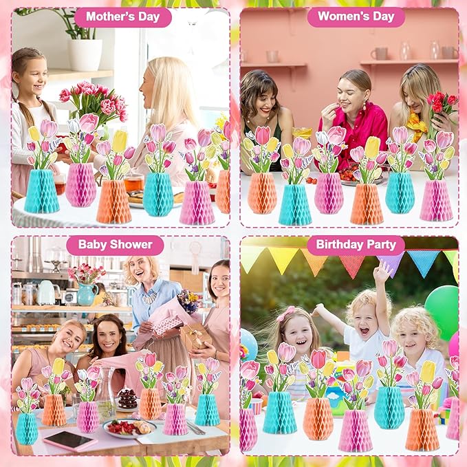 12pcs Tulip Honeycomb Centerpieces 3D Tulip Flower Party Decorations Spring Floral Honeycomb Centerpieces Decor Party Supplies for Spring Garden Wedding Birthday Mother's Day Baby Shower Decor