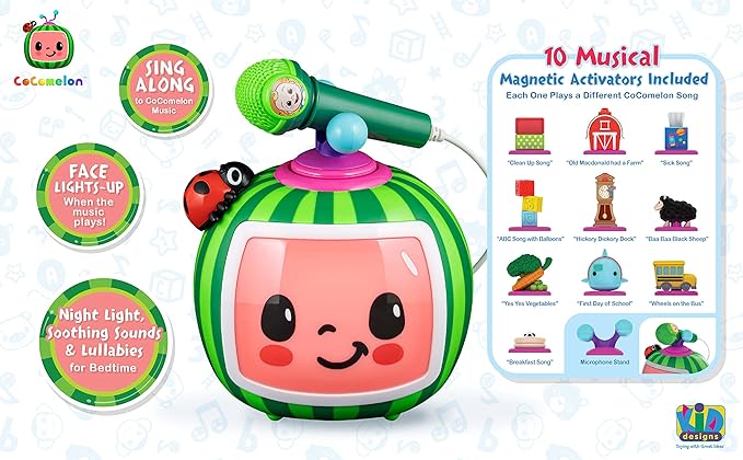 eKids Cocomelon Toy Karaoke Machine for Kids with Microphone and Musical Activators, Includes Night Light with Sleep Sounds and Lullabies for Toddlers, Green