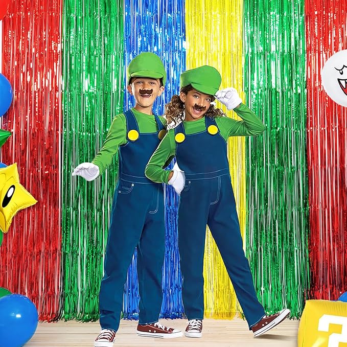 Super Bros Birthday Party Decoration, 4 Pack Red Green Blue Yellow 3.3 x 6.6ft Foil Fringe Curtains Tinsel Photo Booth Props Streamers Backdrop for Video Game Mario Theme Birthday Party Supplies