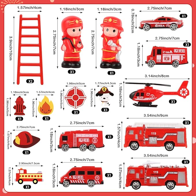 Hooqict 17 Pieces Fire Truck Cake Decorations Set with Mini Firetruck Firefighter Fire Engine Birthday Cake Toppers & Cupcake Toppers for Fireman Fire Truck Birthday Party Decorations Supplies
