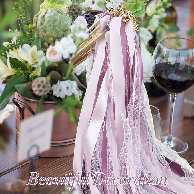 50Pcs Ribbon Sticks Wands Streamers with Bells Silk Fairy Stick Party Ribbon Streamers for Wedding Party, Birthday and Holiday Activities-Purple