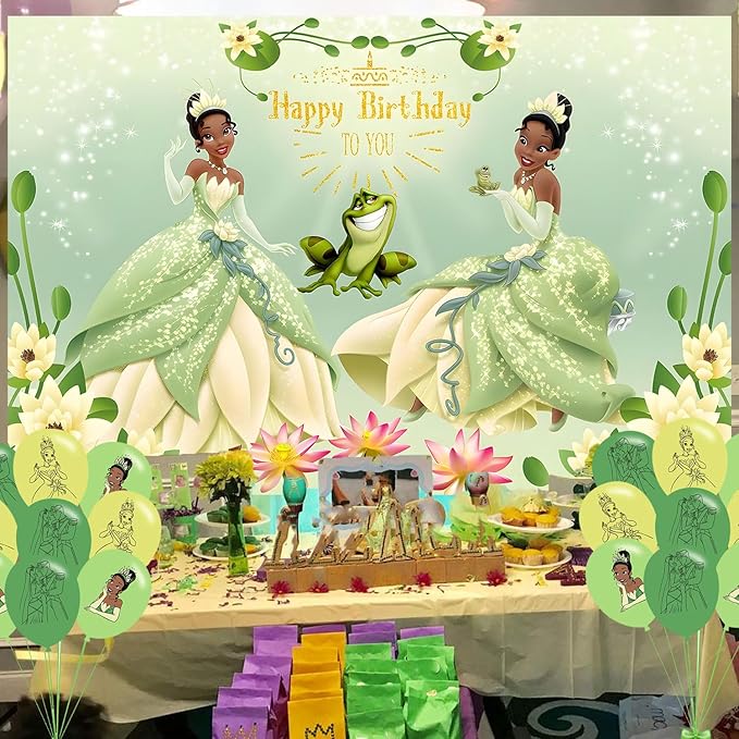 Princess Tiana Birthday Party Decoration,Princess Party Photo Background 5 x 3 FT and 18 Pcs Balloon,Merch Party Backdrop Supplies