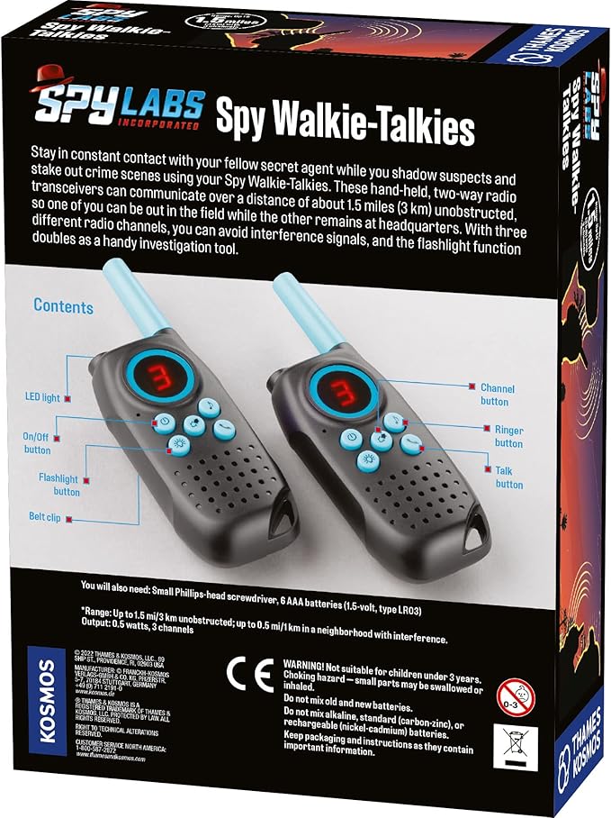 Spy Labs Inc: Spy Walkie-Talkies by Thames & Kosmos | 2 Hand-held, 2-way Transceivers & Flashlight | 3 Channels, 1.5 Mile Range | Essential Tool from The Detective Gear Experts for Young Investigators