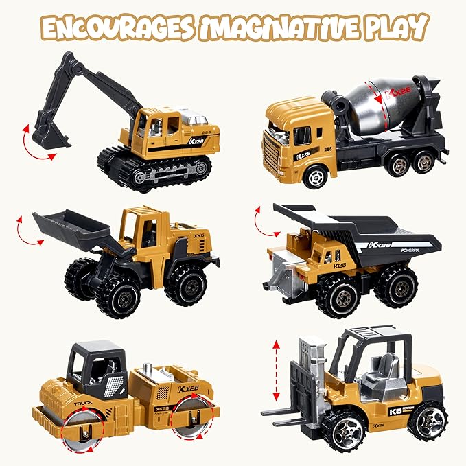 Construction Trucks Vehicles, 6Pcs Die-cast Construction Toys Set, Toys for Boys, Mini Excavator Mixer Truck Bulldozers Forklift Dump Truck,Roller, Car Playset Gift for Boys Age 3-9