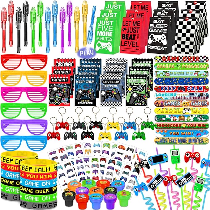 120 PCS Video Game Party Favors, Gamer Gaming Party Favors - Glasses Invisible Ink Pens Notebooks Drinking Straws Stamps Tattoo Stickers Gift Bags for Game On Birthday Parties Favor Supplies