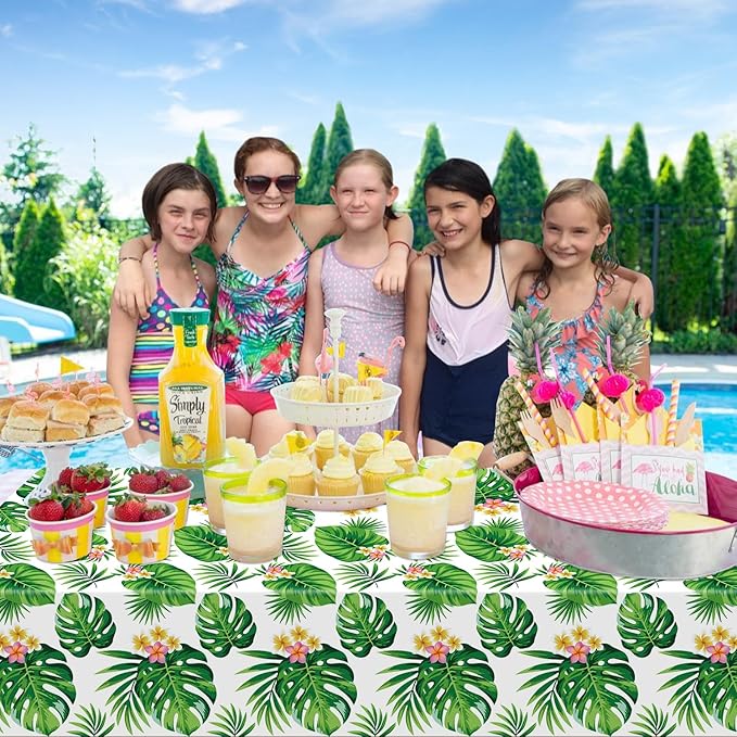 4 Pack Hawaiian Luau Tablecloths Tropical Palm Leaves Table Cloth Hawaiian Luau Table Cover Palm Leaves Table Cloth Baby Birthday Birthday Party Summer Pool Tropical Party Decorations 86 x 51 IN