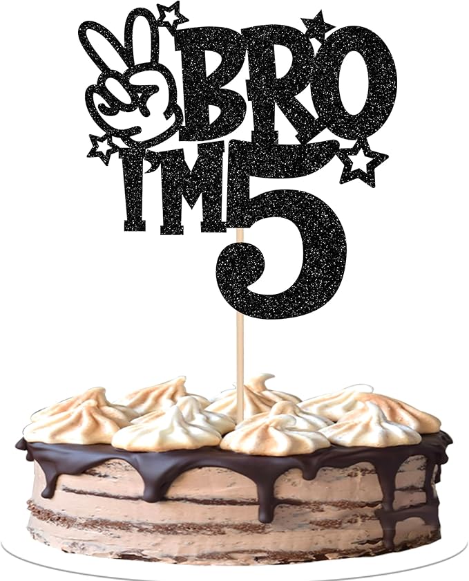 1 PCS Brother I'm 5 Cake Topper Glitter Star Happy 5th Birthday Cake Pick Bro I'm 5 Cake Decoration It's My 5th Birthday Decorations for Boys Cheers to 5 Years Old Birthday Party Supplies Black