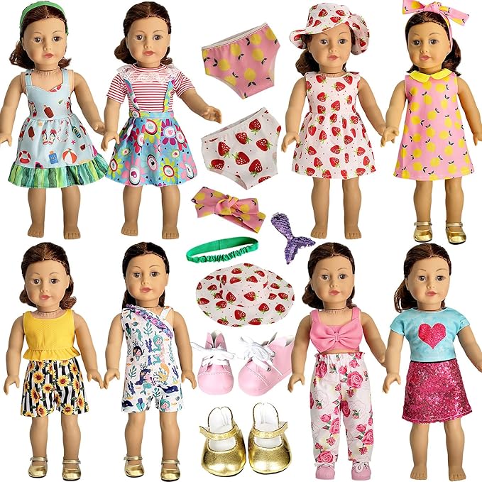 American Doll Clothes and Accessories for 18 Inch Doll, 18" Clothes Dress, Total 19 Pcs Including 8 Sets of Clothing Outfits with Shoes, Underwear, Headband, and Cap (Not Include The Doll)