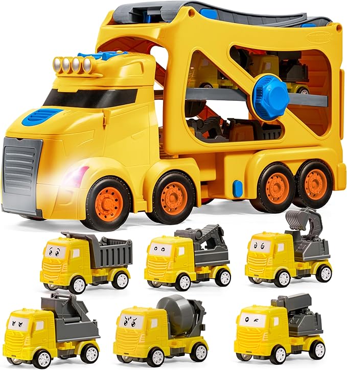 JOVA Extra Large Toy Trucks for Toddlers, 3-Layer Construction Trucks for Boys, 7-in-1 Big Carrier Truck with Siren & Lights and 6 Toy Cars, Birthday Gifts for Boys Kids