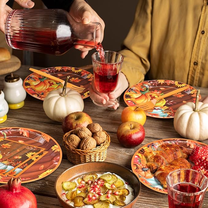 96 Pieces Thanksgiving Pumpkin Tableware Set Party Supplies - Rustic Wood Grain Disposable Dinnerware with Paper Plates, Napkins, Forks for Fall Harvest, Friendsgiving, and Thanksgiving Dinner