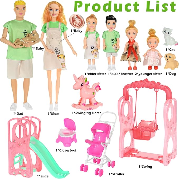 ebuddy Family Dolls Playset with Slide Swing and Baby Stroller - 7 People, Pets & Accessories for 3-12 Years Old Toddler Gift