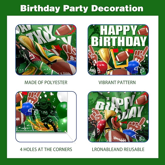Football Birthday Decorations For Men,Happy Birthday Backdrop,Banner Balloons,Table Cloth,Paper pom poms Party Supplies for Boys